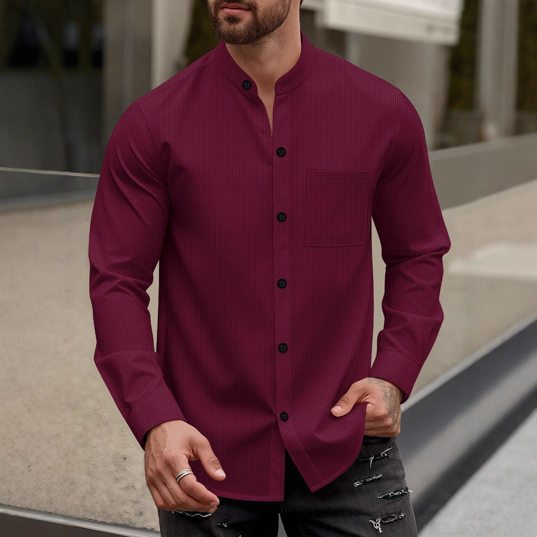 Herren elegantes Langarmhemd mit Stehkragen und Brusttasche Echoarchiv