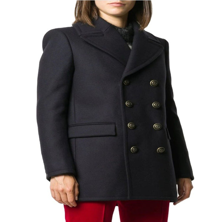 Damen kurztaillierter Zweireihiger Wollmix-Peacoat mit maritimen Details Echoarchiv