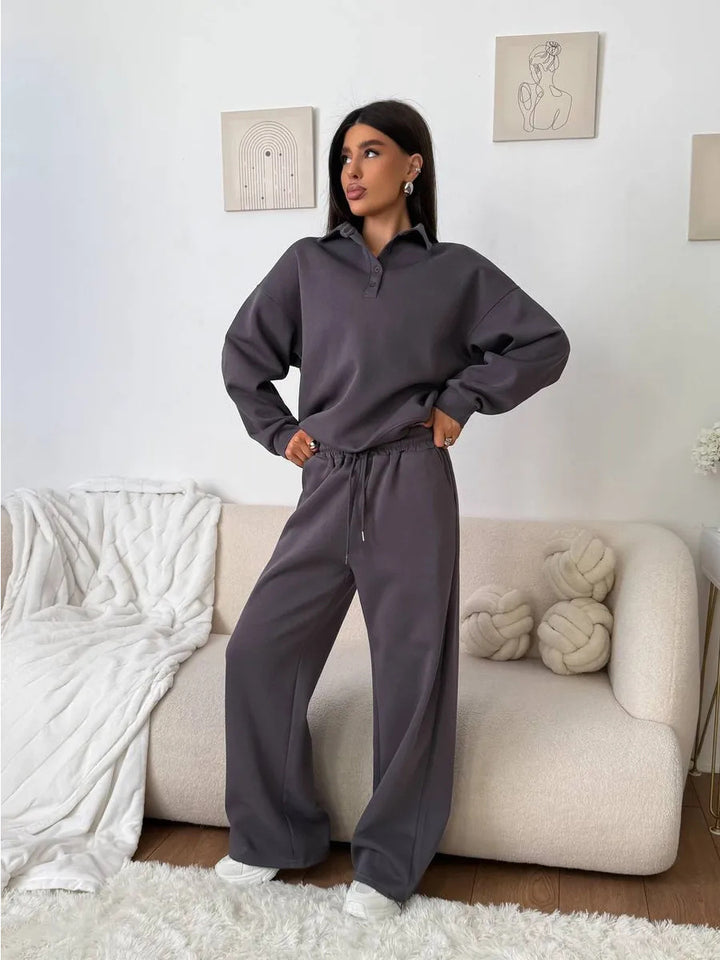 Damen weites Polo-Lounge-Set mit elastischem Tunnelzugbund und Wide‑Leg-Jogginghose – Avérine