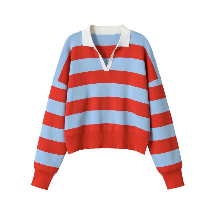 Damen Cropped Oversize Rugby-Pullover mit Polokragen und tiefem V‑Ausschnitt Echoarchiv