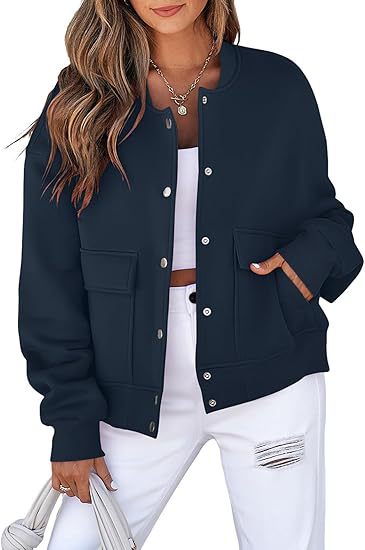 Damen lässige Oversize-Bomberjacke aus Sweatstoff mit Druckknopfleiste und aufgesetzten Taschen Echo Archiv