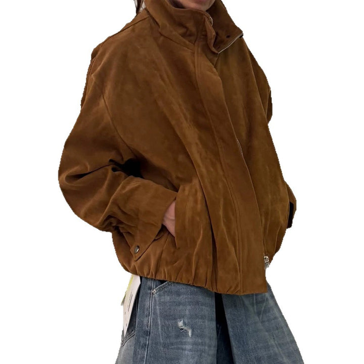 Damen Oversize Veloursleder-Blouson mit hohem Stehkragen und Metallreißverschluss Echoarchiv