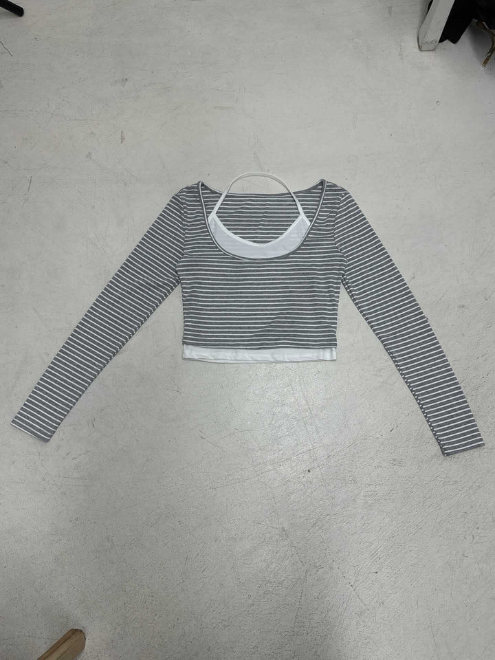 Damen nan gerafftes Layering-Cropped-Top mit integriertem Bustier und feinem Streifenstrick Echo Archiv