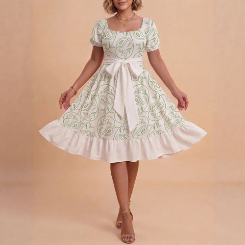 Damen Retro Maxikleid mit Puffärmeln und Taillengürtel Echo Archiv