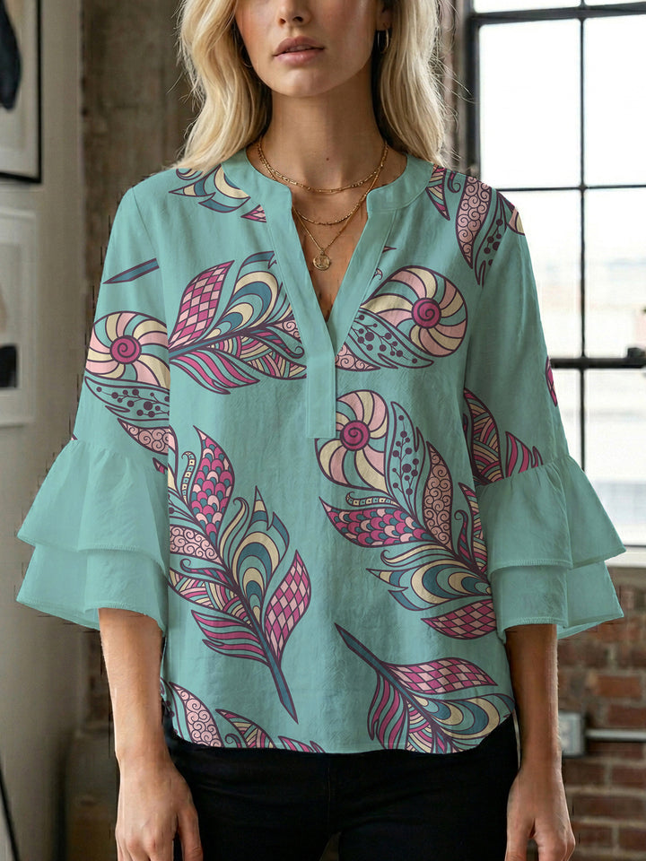 Damen Bluse mit voluminösen Rüschenärmeln und kreativem Floraldesign Echo Archiv