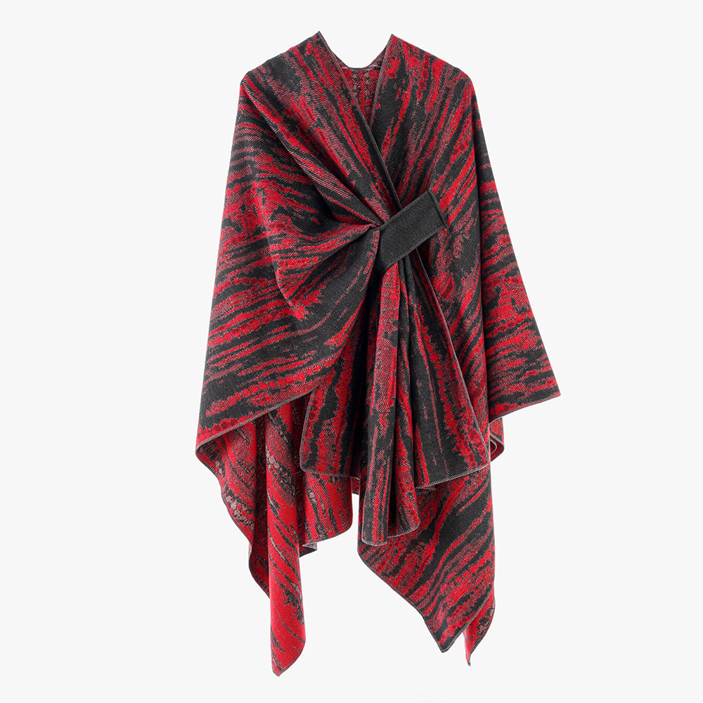 Damen Jacquard-Cape-Überwurf mit strukturierter Wellenoptik, Bindegürtel und asymmetrischem Zipfelsaum – Montévia