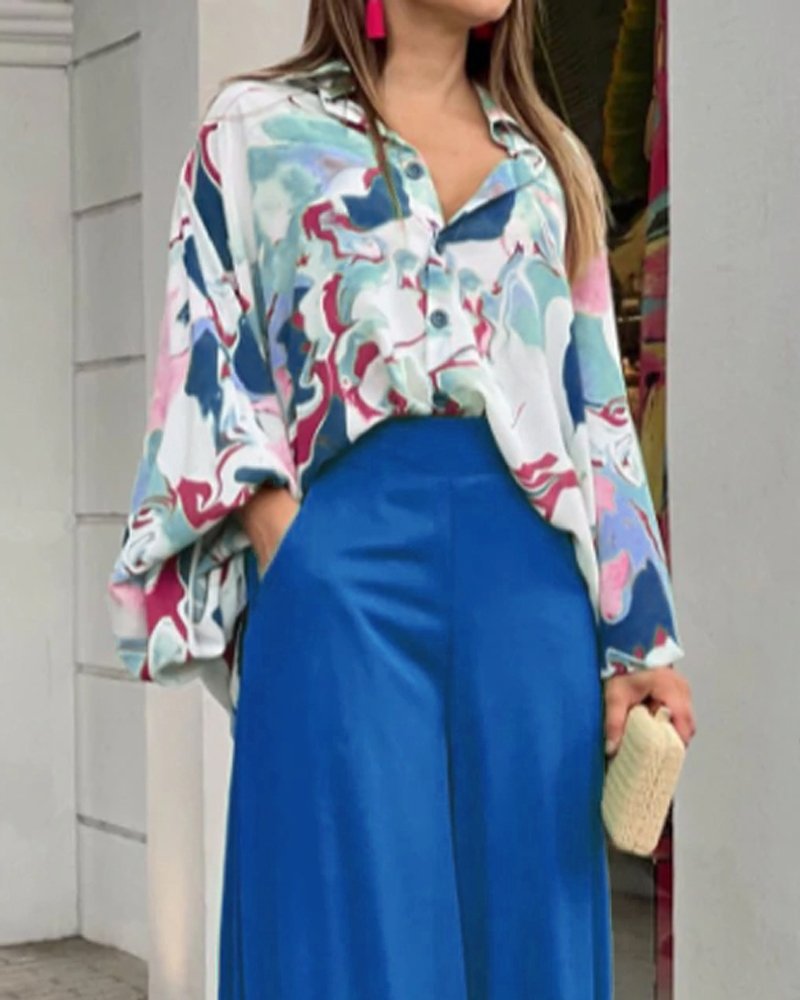 Damen Oversize Hemdbluse mit abstraktem Aquarellprint und überschnittener Schulter – Élovi