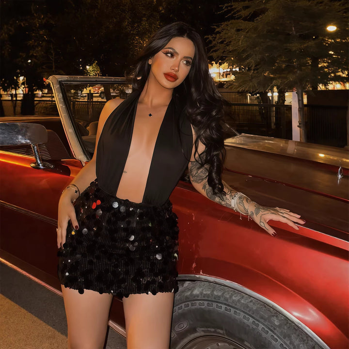 Damen Glamouröses Minikleid mit schimmerndem Paillettenrock Echo Archiv