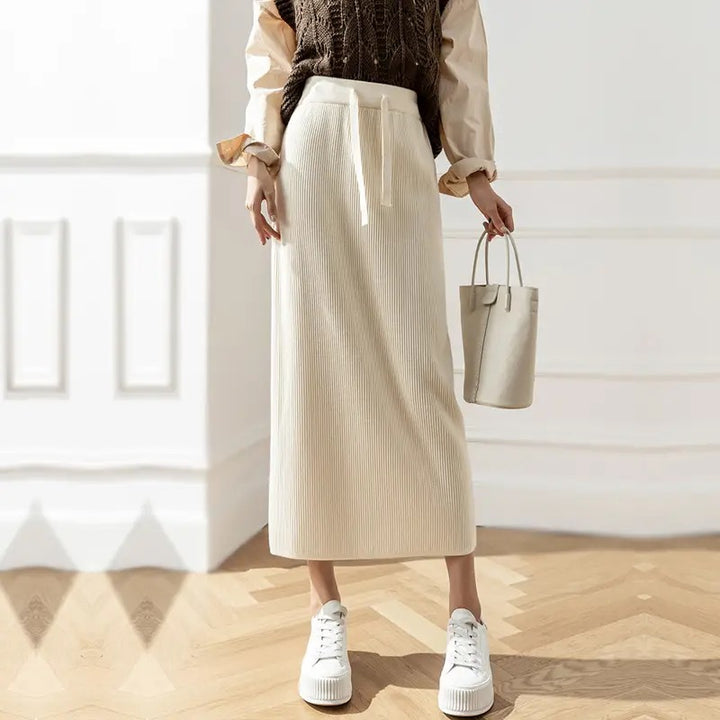 Damen Eleganter Rippstrick-Midirock mit Bindegürtel Echo Archiv