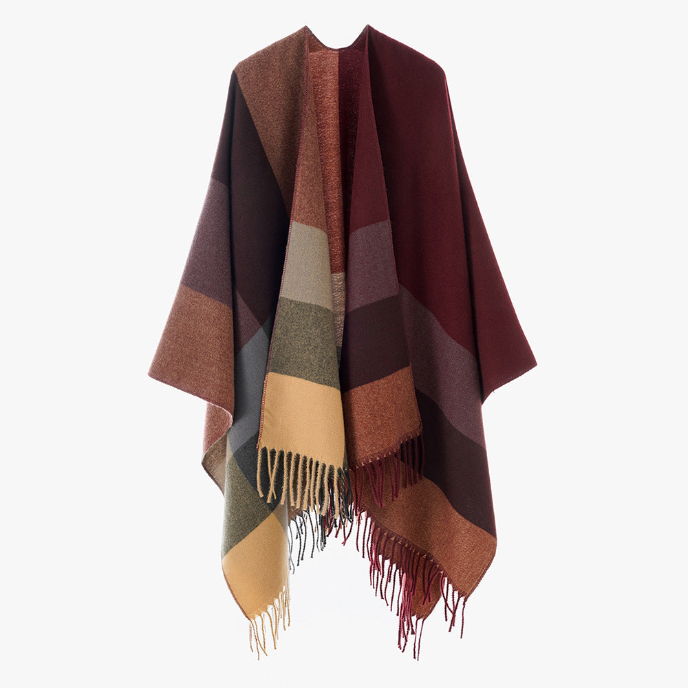 Damen Farbblock-Poncho aus Wollmix mit Fransensaum und asymmetrischem Schnitt – Avérine