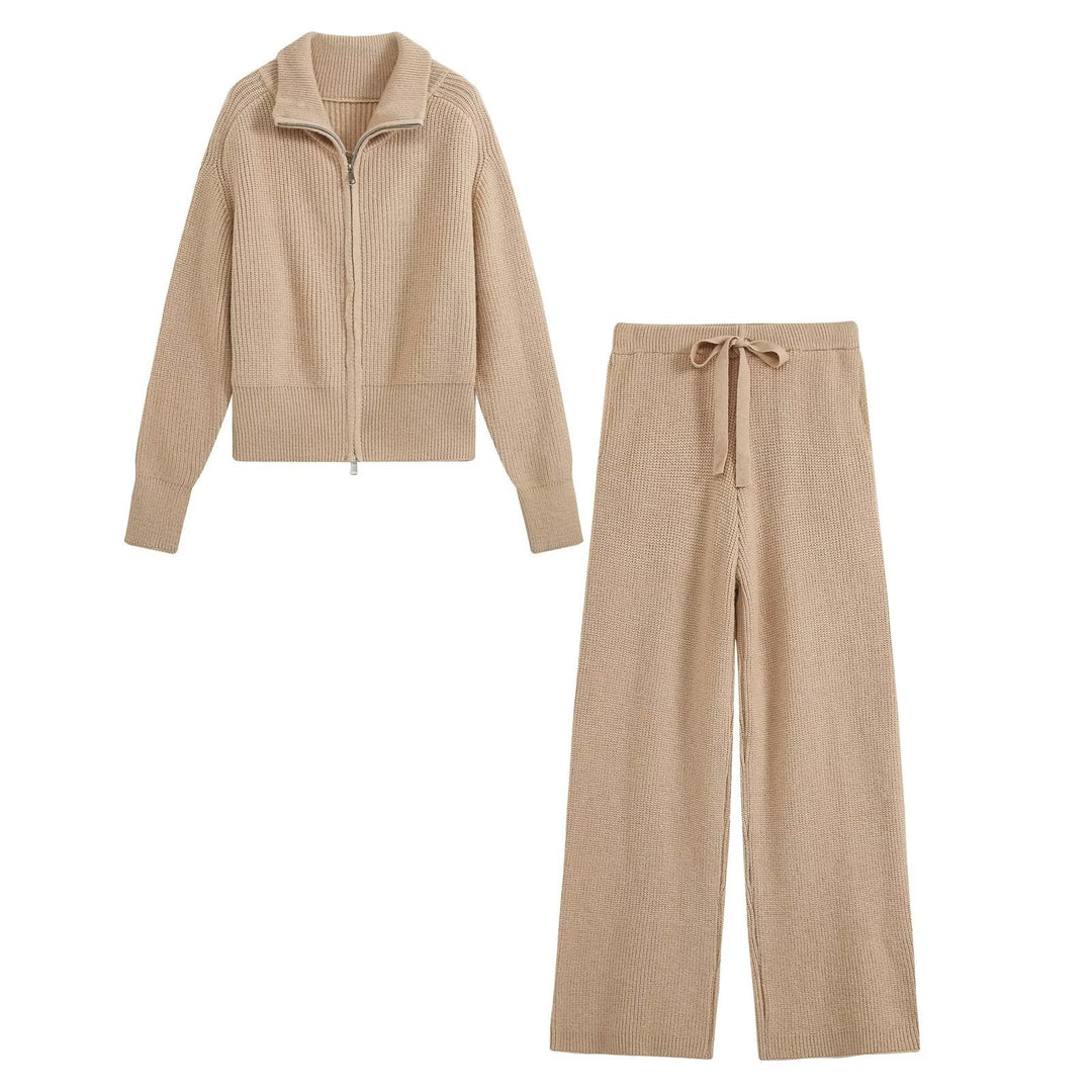 Damen Strick‑Lounge‑Set mit Stehkragen‑Zipperjacke und weiter Bundhose Echo Archiv
