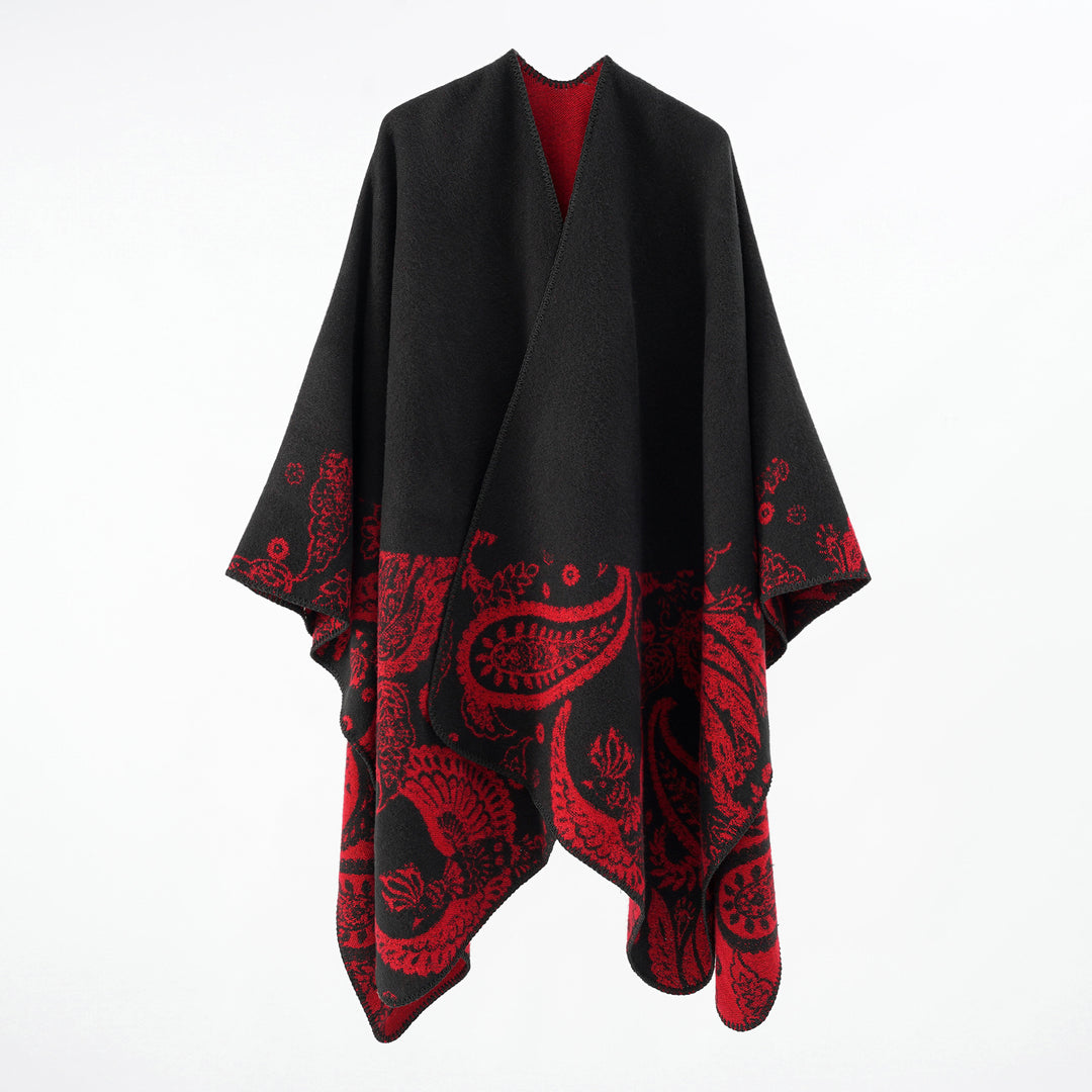 Damen Feines Woll-Cape im Überwurfstil mit kontrastierender Border-Jacquard – Avérine
