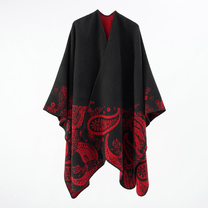 Damen Feines Woll-Cape im Überwurfstil mit kontrastierender Border-Jacquard – Avérine