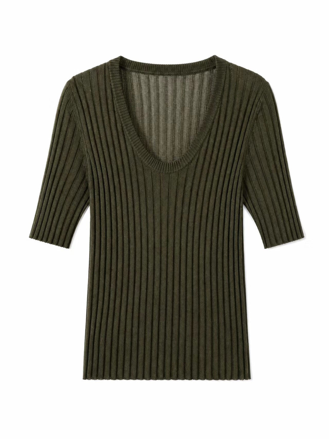 Damen Geripptes Feinstrickshirt mit tiefem U-Ausschnitt und halblangen Ärmeln Echo Archiv