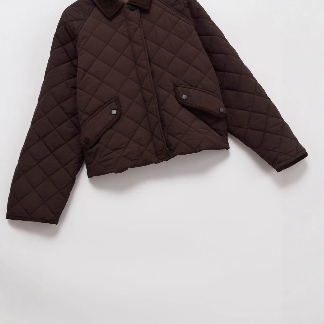 Damen Gesteppte Boxy‑Übergangsjacke mit Cordkragen und Pattentaschen Echoarchiv