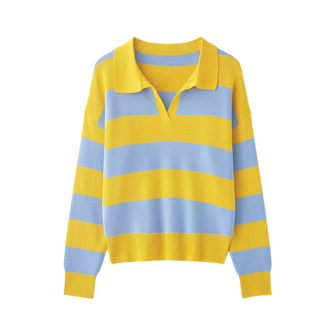 Damen Gestreifter Rugby-Polo-Pullover mit V-Notch und Cropped-Saum Echo Archiv