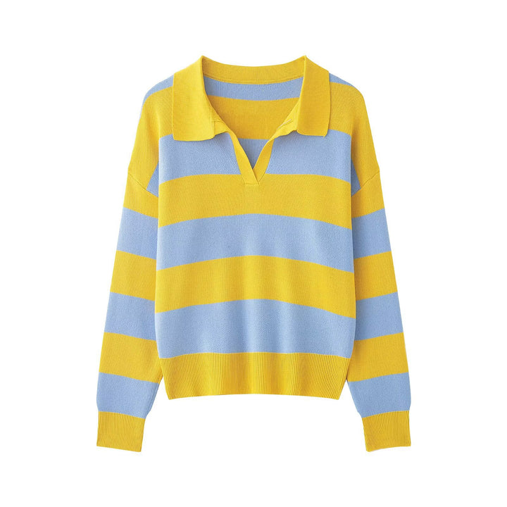 Damen Gestreifter Rugby-Polo-Pullover mit V-Notch und Cropped-Saum Echo Archiv