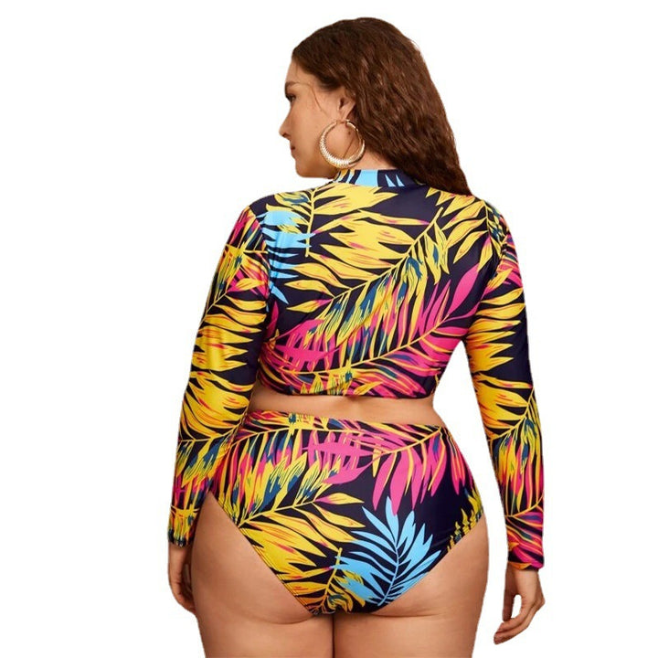Damen Surf-Bikini-Set mit langärmligem Oberteil und buntem Palmendruck Echo Archiv