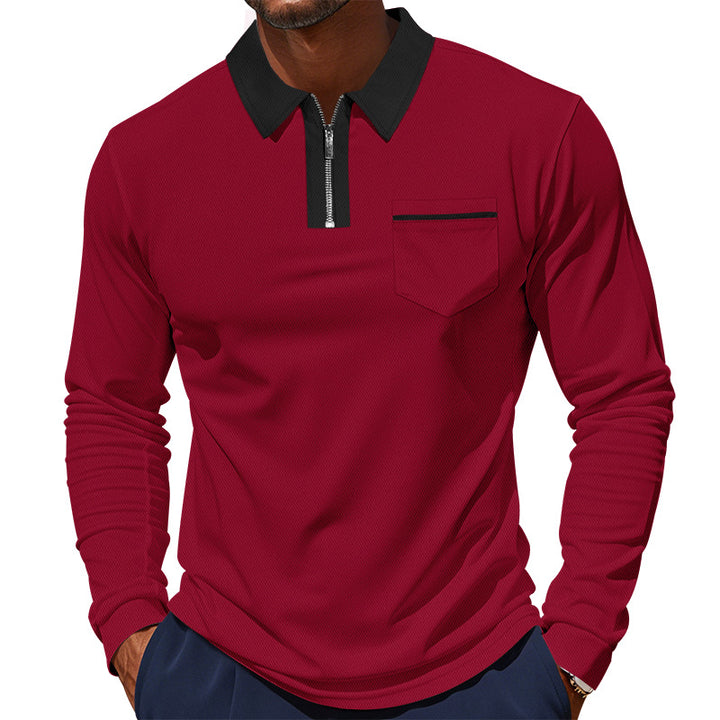 Herren nan langärmeliges Zip-Poloshirt mit Brusttasche und Kontrastkragen Echo Archiv