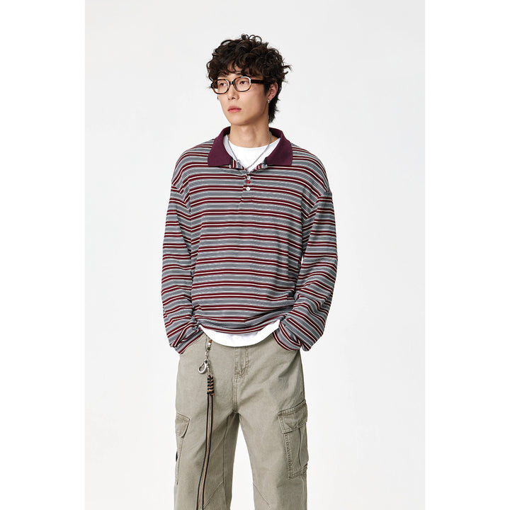 Unisex Klassisches gestreiftes Longsleeve-Poloshirt aus feinem Rippstrick mit Kentkragen und Halbknopfleiste Echoarchiv