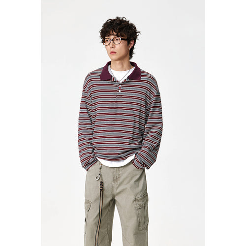 Unisex Klassisches gestreiftes Longsleeve-Poloshirt aus feinem Rippstrick mit Kentkragen und Halbknopfleiste Echoarchiv
