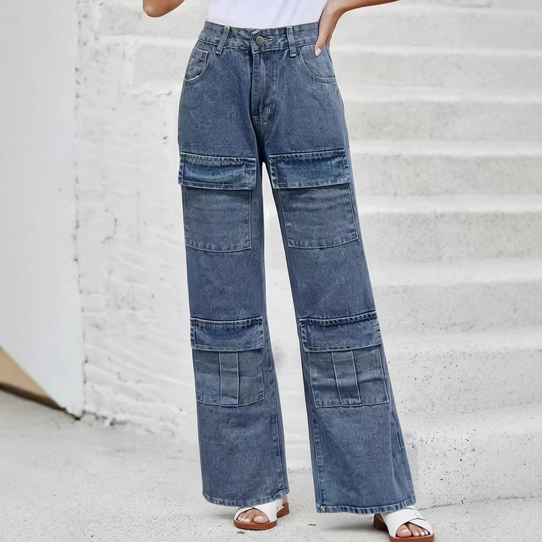 Damen nan High‑Waist Utility-Denimhose mit aufgesetzten Knie-Patches, Cargo‑Taschen und weitem Schlag Echo Archiv