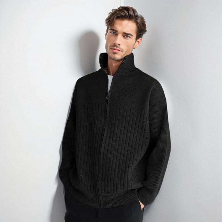 Herren Halbzip-Strickpullover mit hohem Stehkragen und breitem Rippenmuster Echoarchiv