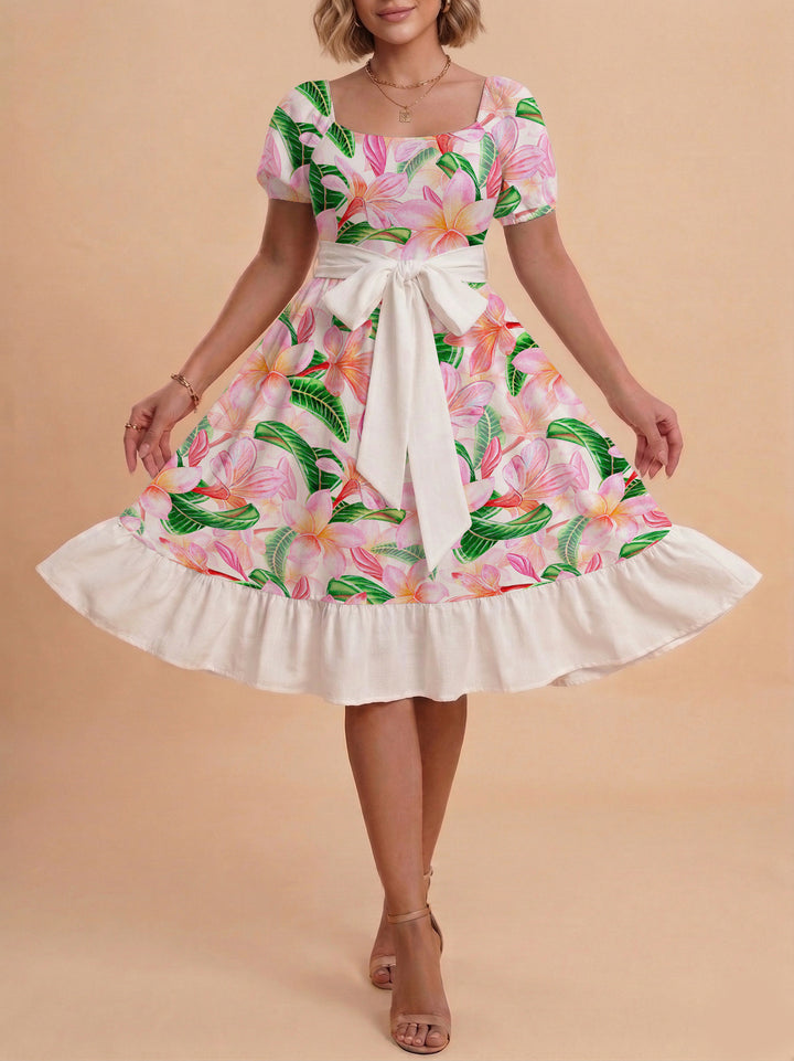 Damen Sommerkleid mit floralem Puffärmel und taillierbarem Gürtel Echo Archiv