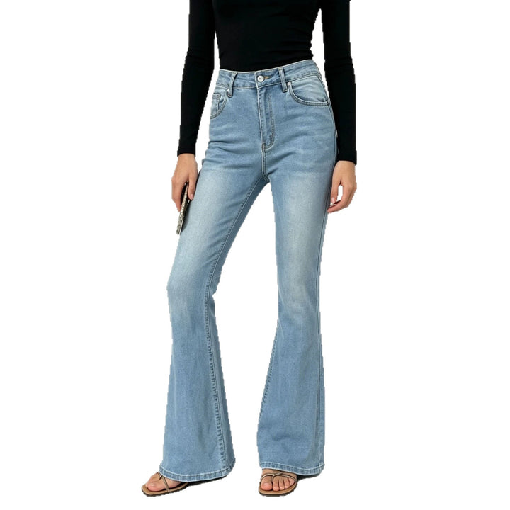 Damen nan hochgeschnittene Jeans mit schmaler Hüftpartie und weitem Schlag mit elastischem Bund Echo Archiv