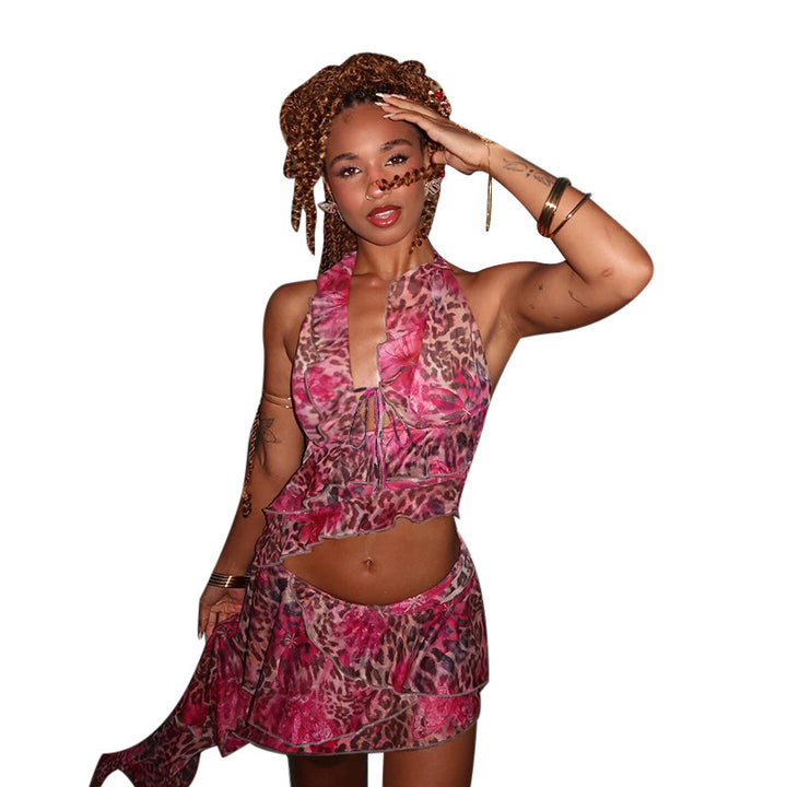 Damen asymmetrisches Wickelkleid mit Rüschendetails und femininem Leopardenmuster Echo Archiv