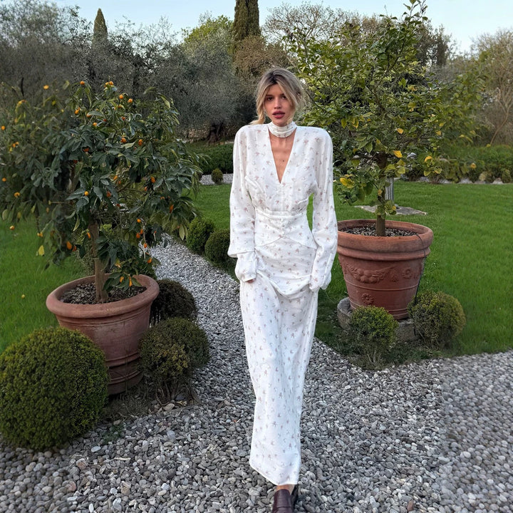 Damen Maxikleid mit Wickel-Taillenband, tiefem V-Ausschnitt und Choker Echoarchiv