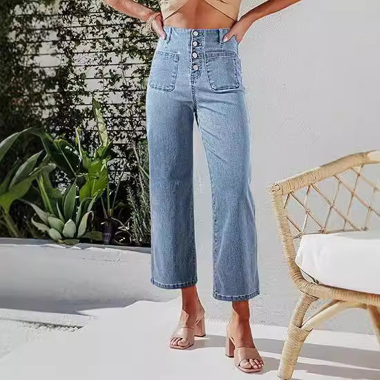 Damen High-Waist Jeans mit Knopfdetail und weitem Bein Echo Archiv