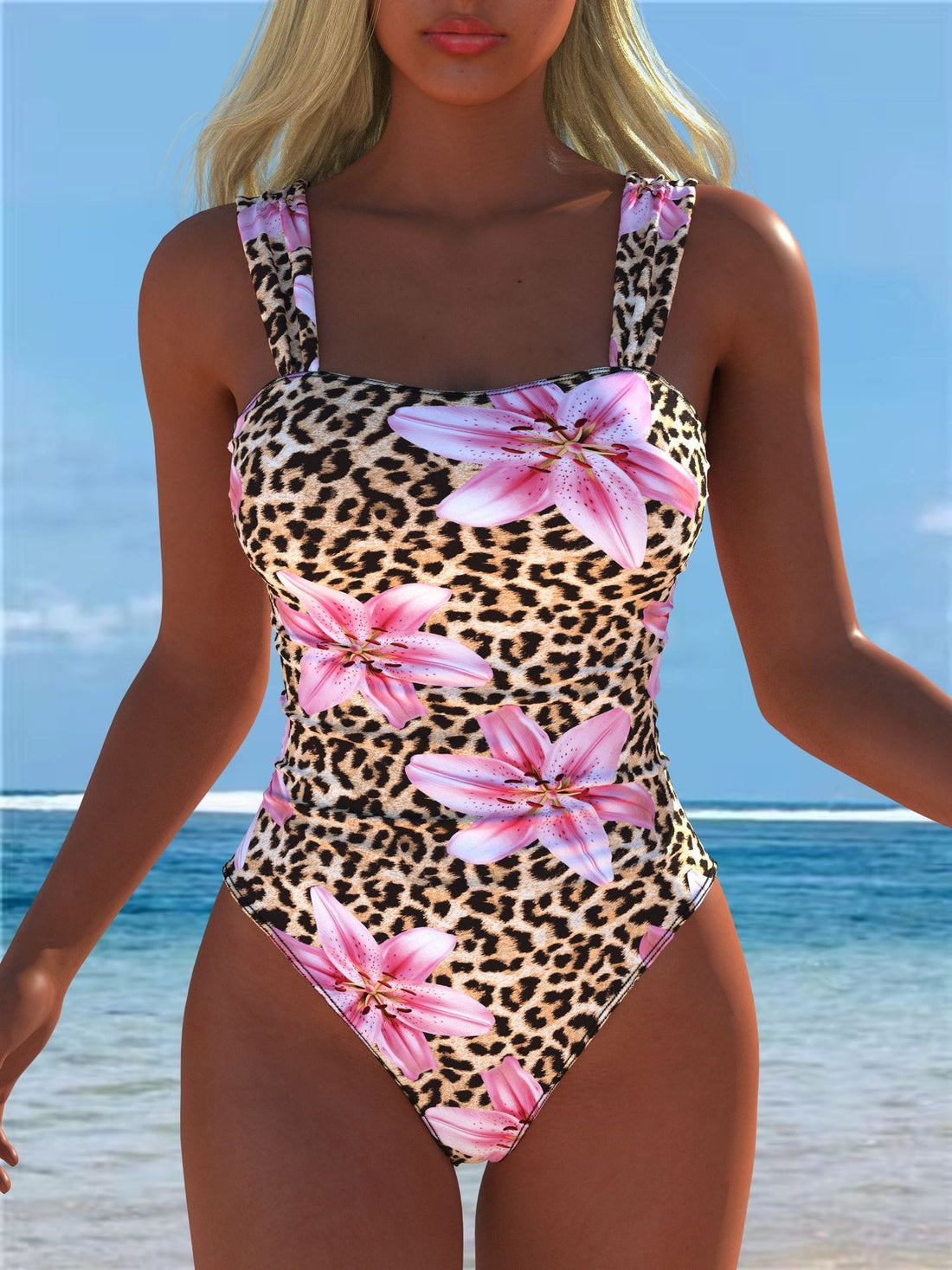 Damen einteiliger Badeanzug mit floraler und tierischer Musterkombination – Maréssa