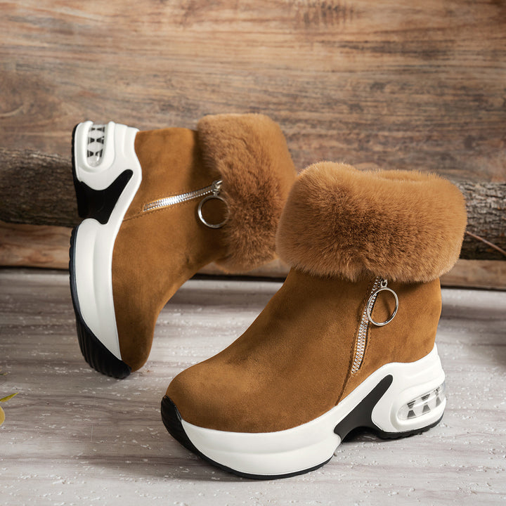 Damen Keilabsatz-Sneaker-Stiefelette mit Teddy-Kragen und Reißverschluss – Névara