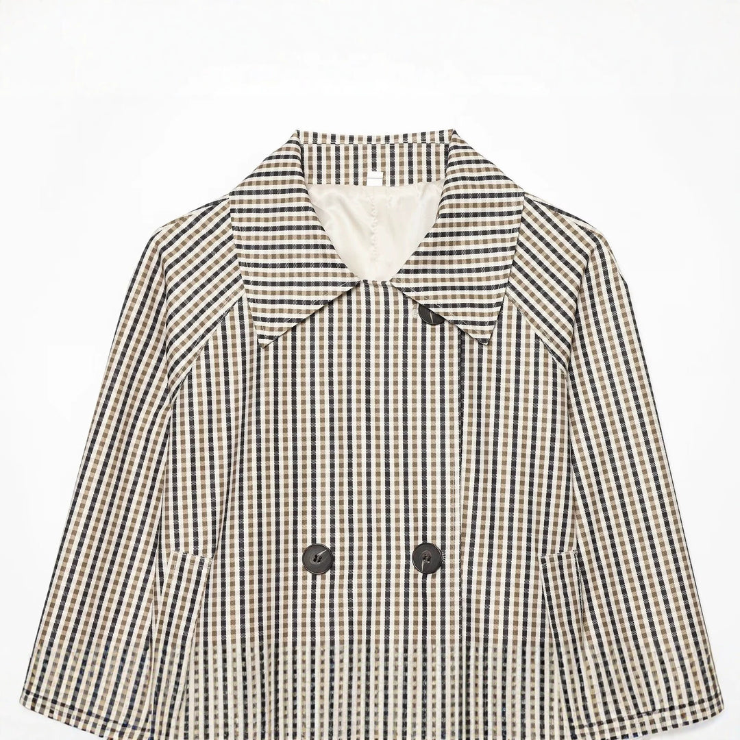 Damen Kurze taillierte Doppelreihige Trenchjacke mit Karo‑Muster und Bindegürtel Echoarchiv