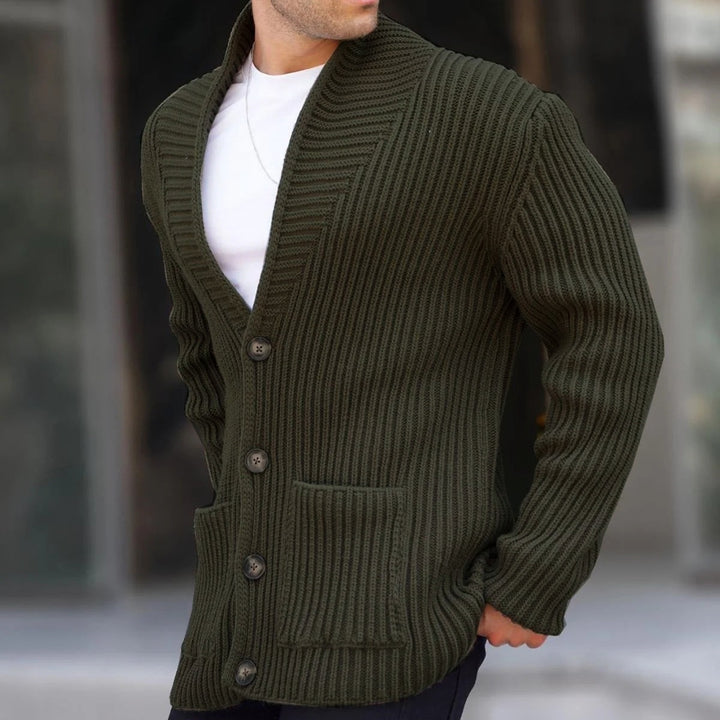 Herren Strickjacke mit tiefem V-Ausschnitt und kontrastierenden Knöpfen Echoarchiv