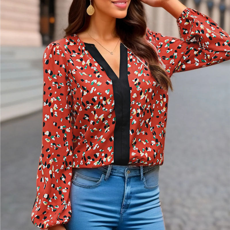 Damen Locker geschnittene V-Ausschnitt-Bluse mit kontrastierter Zierblende und Allover-Print Echoarchiv
