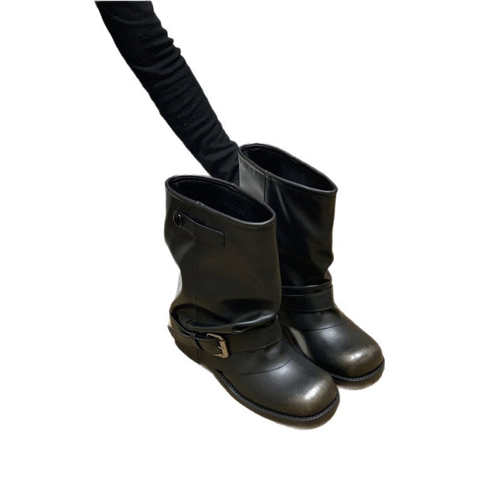 Damen Slouchy Bikerstiefeletten mit verstellbarem Schnallenriemen und runder Zehenform – Varelle