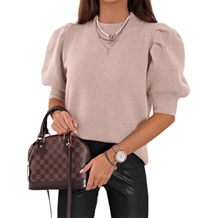Damen Kurzgeschnitteter Feinstrickpullover mit Puffärmeln und Rippbündchen – Mavelle