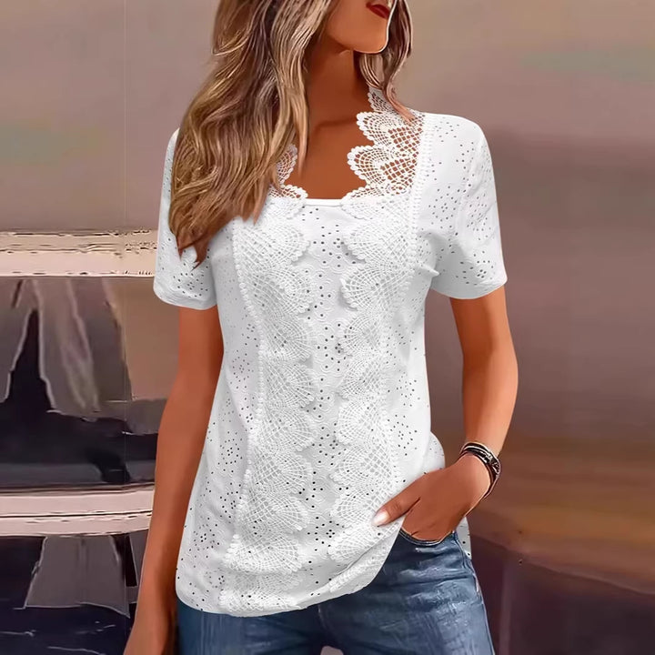 Damen nan Lochstickerei-Bluse mit Spitzenpasse und quadratischem Ausschnitt Echo Archiv