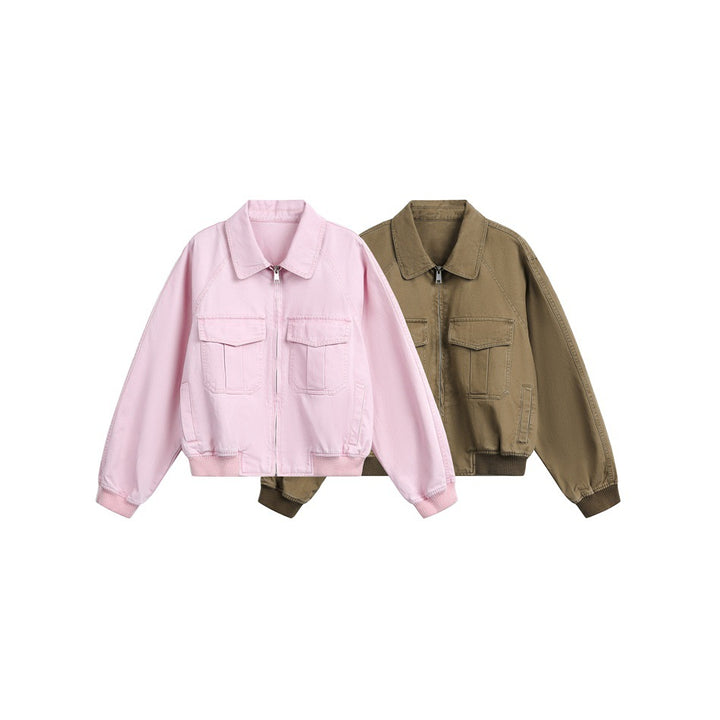 Damen Kurz geschnittene Boxy-Blousonjacke aus Baumwollmix mit Pattentaschen und durchgehendem Reißverschluss Echoarchiv