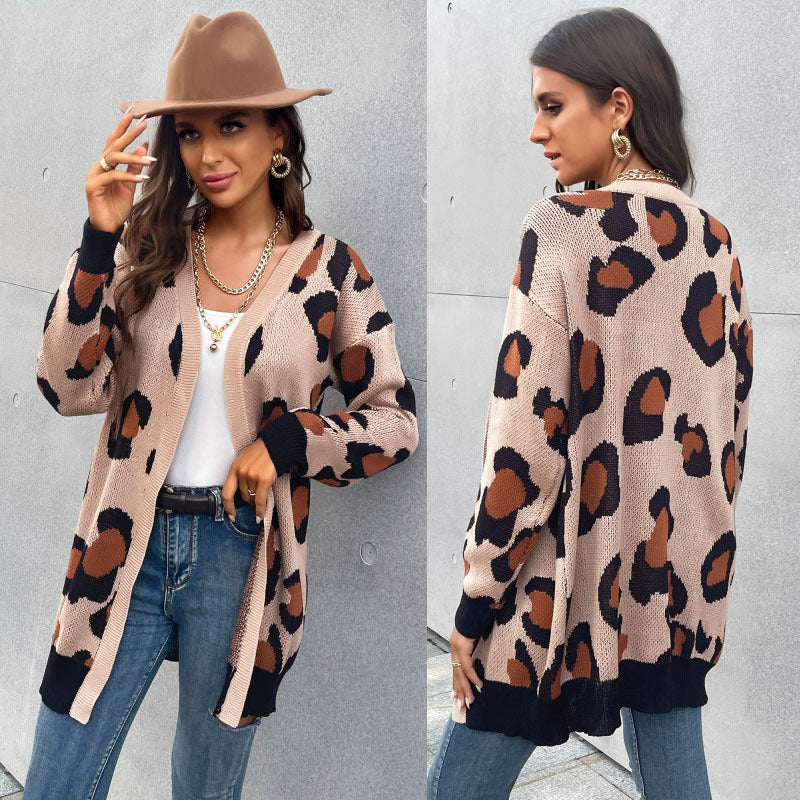 Damen Longline Cardigan im Leo-Jacquard mit offener Front und Rippbündchen – Veloura