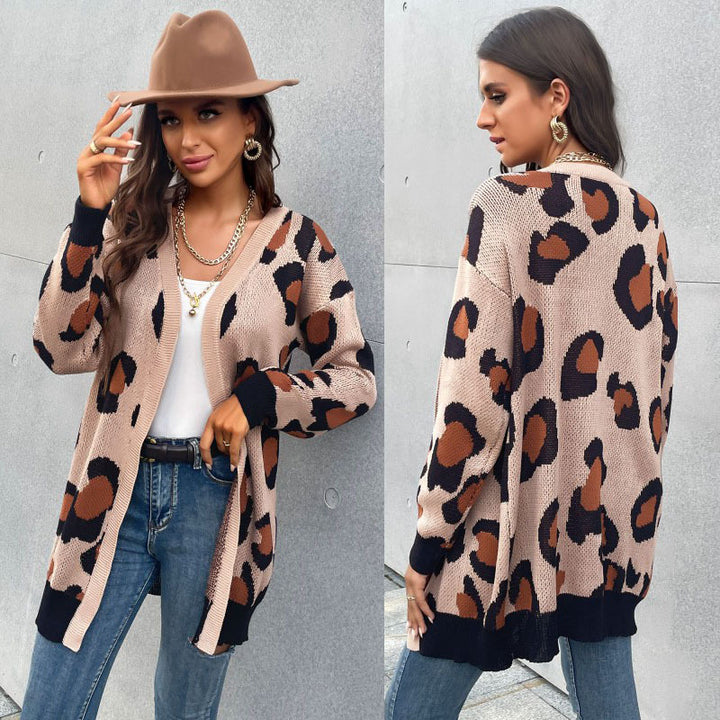 Damen Longline Cardigan im Leo-Jacquard mit offener Front und Rippbündchen – Veloura
