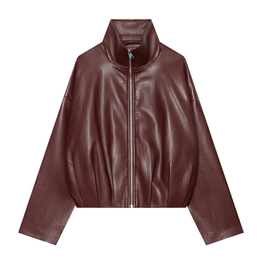 Damen Cropped Kunstlederjacke mit hohem Kragen, Oversize-Ärmeln und tailliertem Bund Echoarchiv
