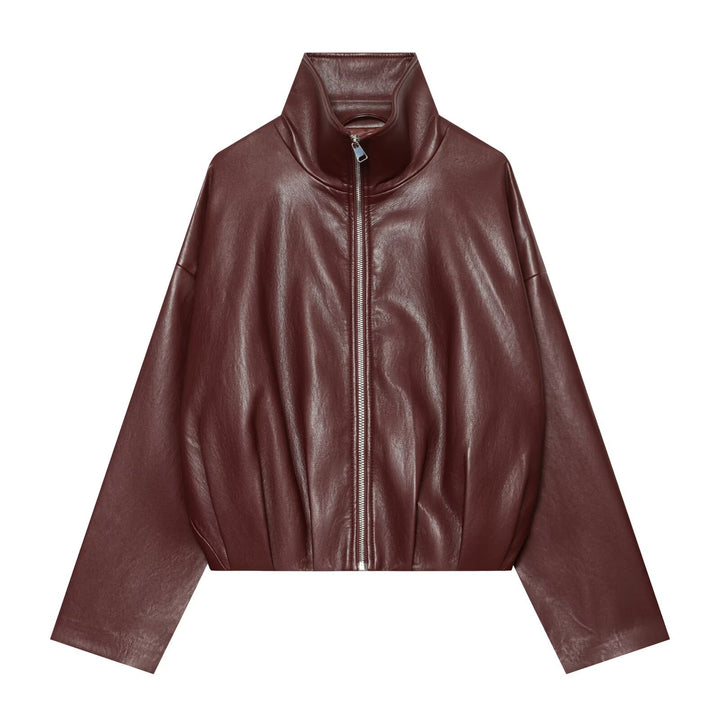 Damen Cropped Kunstlederjacke mit hohem Kragen, Oversize-Ärmeln und tailliertem Bund Echoarchiv