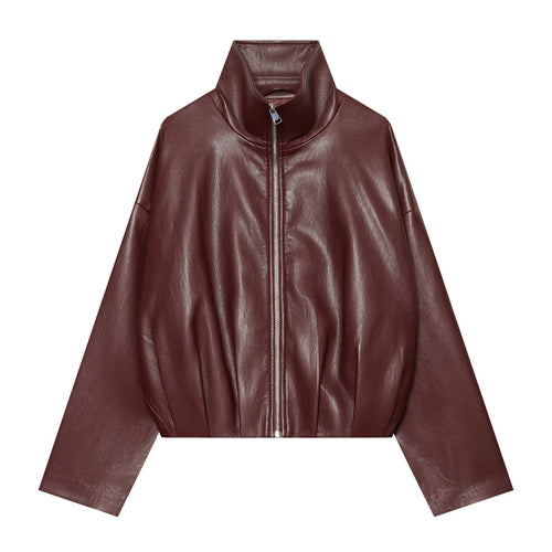 Damen Cropped Kunstlederjacke mit hohem Kragen, Oversize-Ärmeln und tailliertem Bund Echoarchiv