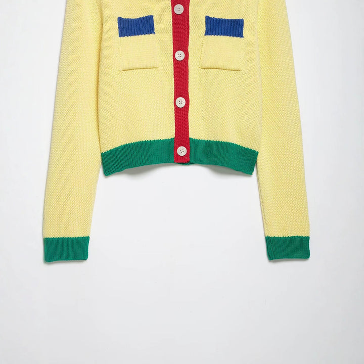Damen Kurze Strickjacke mit Kontrastblende und Zierbrusttaschen Echo Archiv