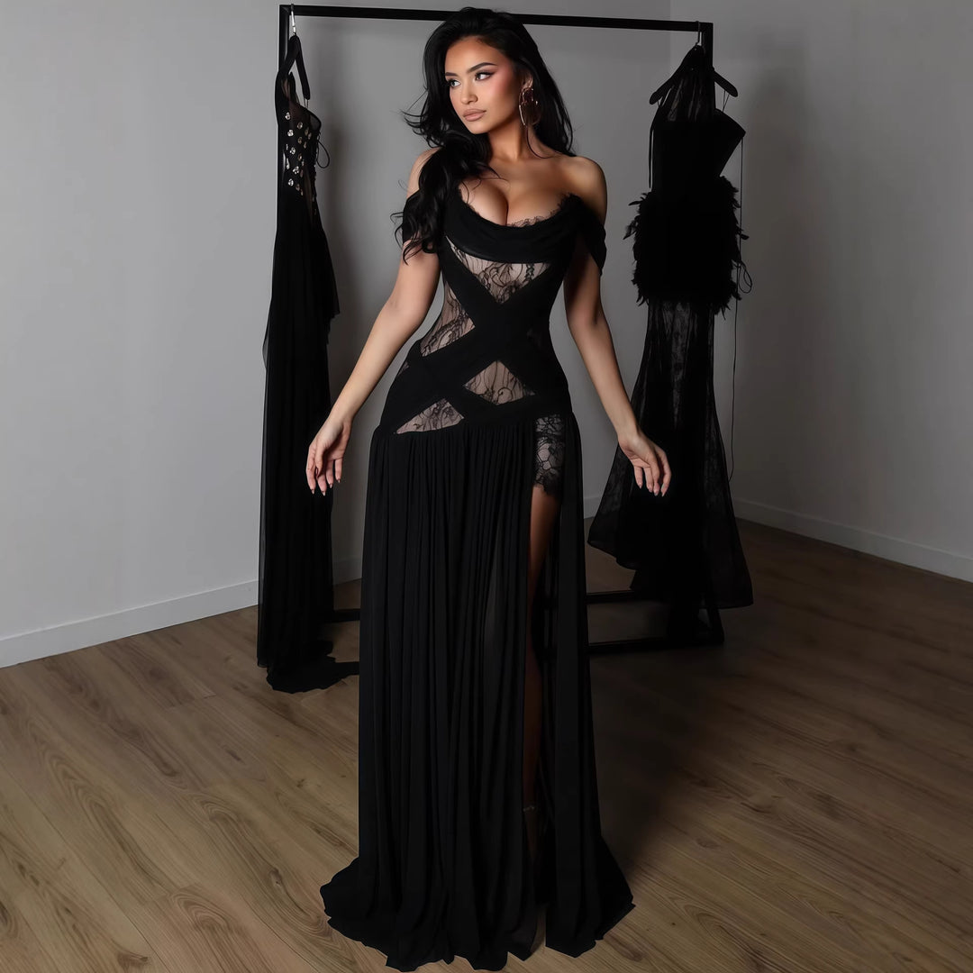 Damen Elegantes Spitzenkleid mit tiefem Schlitz und trägerlosem Schnitt Echo Archiv