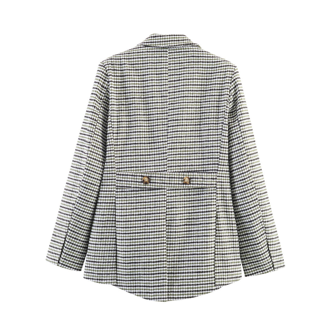 Damen Karo-Blazer mit asymmetrischem Cropped-Vorderteil und Holzknöpfen Echo Archiv