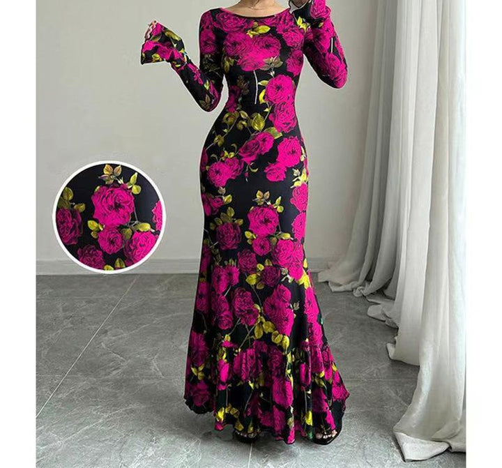 Damen nan eng anliegendes Maxikleid mit Meerjungfrauen-Schnitt, langen Glockenärmeln und Rüschensaum Echo Archiv
